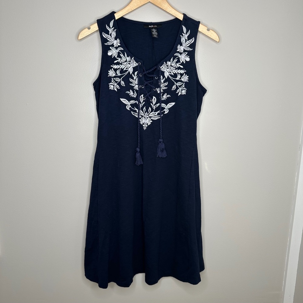 Style‎ & Co. Womens Navy Blue Embroidered Sleeveless Casual Dress Size M - Picture 2 of 8